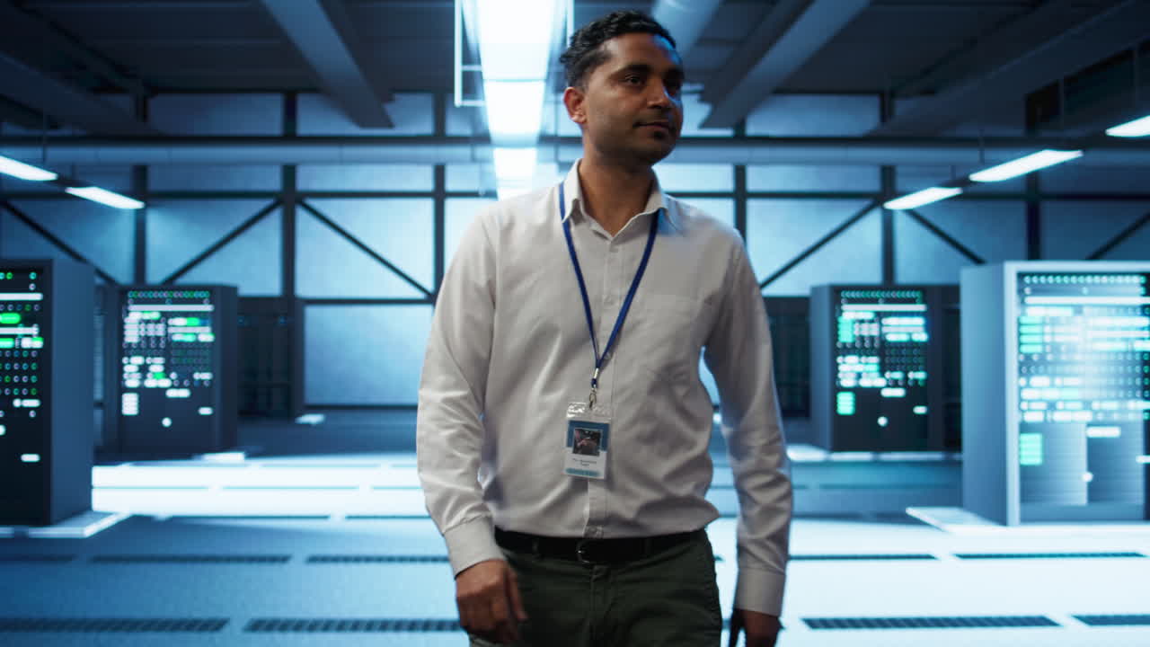 Admin walking amidst server rows, looking to ensure optimal performance