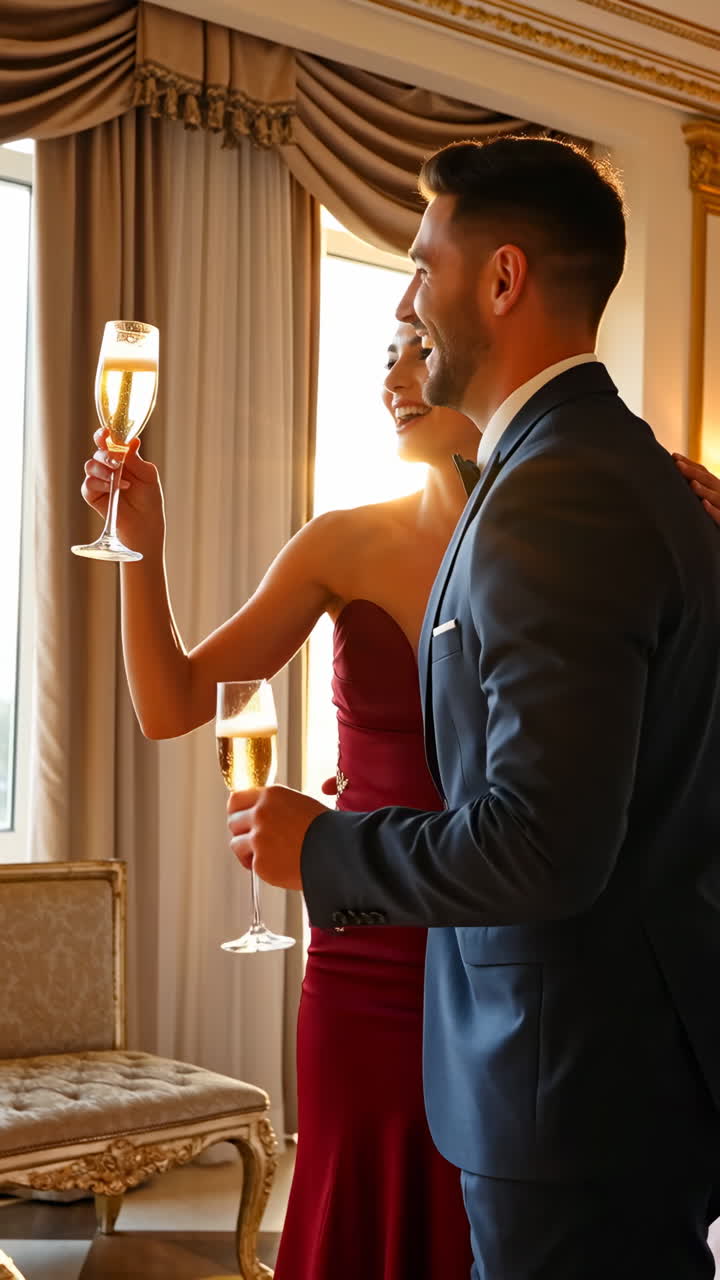 Elegant couple toasting with champagne in a luxurious setting