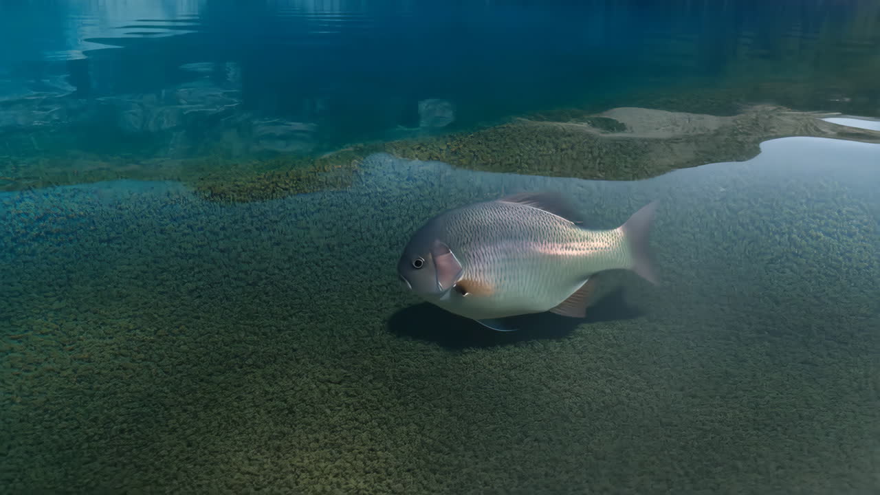 A fish gracefully swims in clear blue underwater