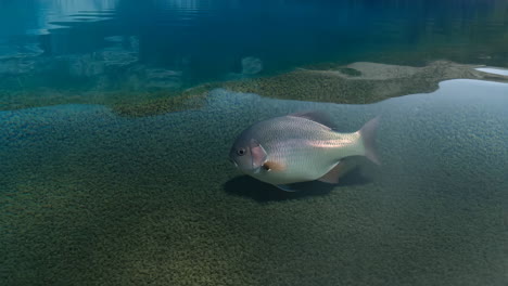 a fish gracefully swims in clear blue underwater