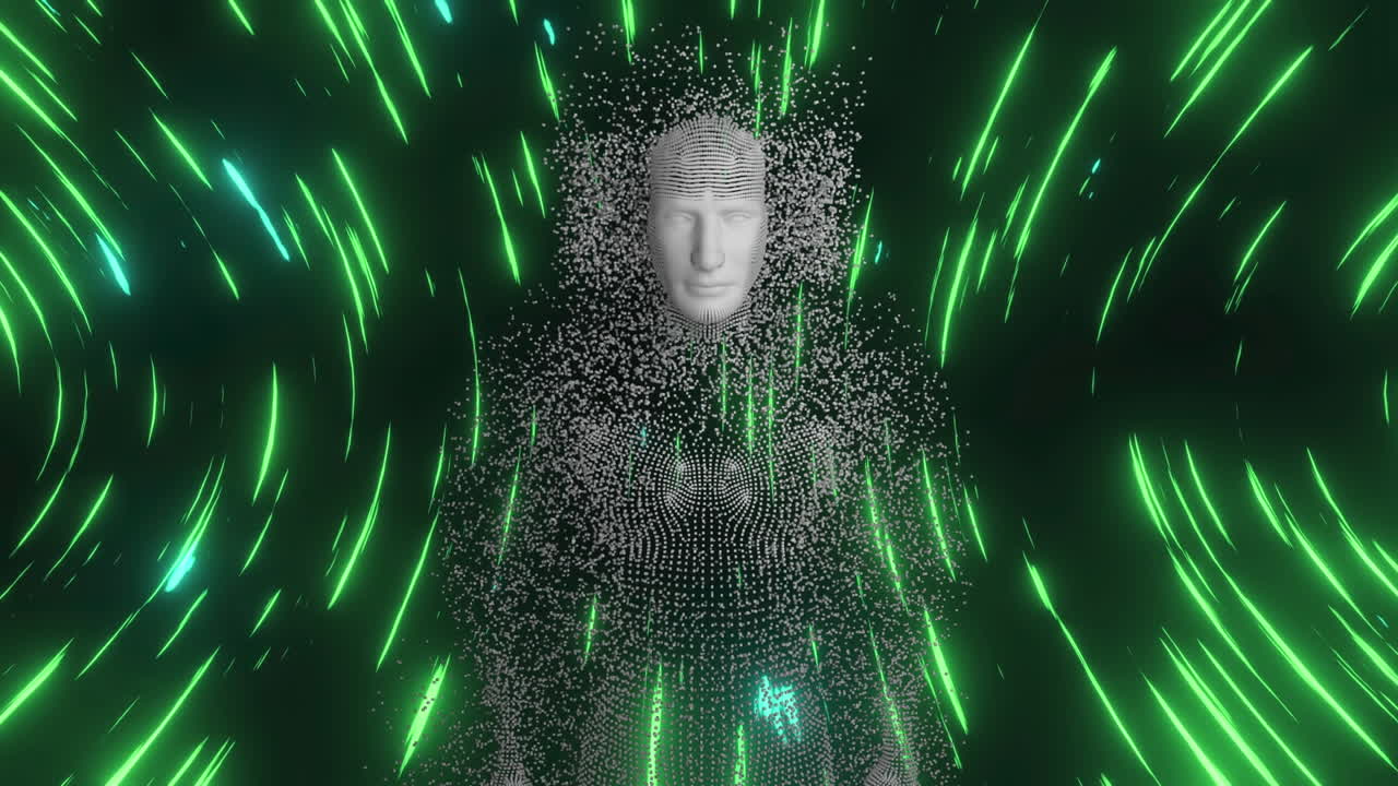animación de senderos de luz verde brillante sobre el modelo de cabeza humana contra un fondo negro