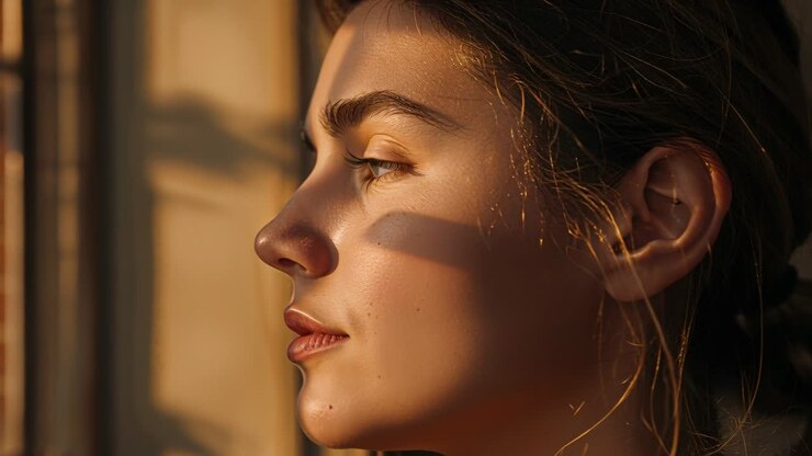 Turning woman gazing out window as warm sun pouring through grid, casting bands, wearing hair tie
