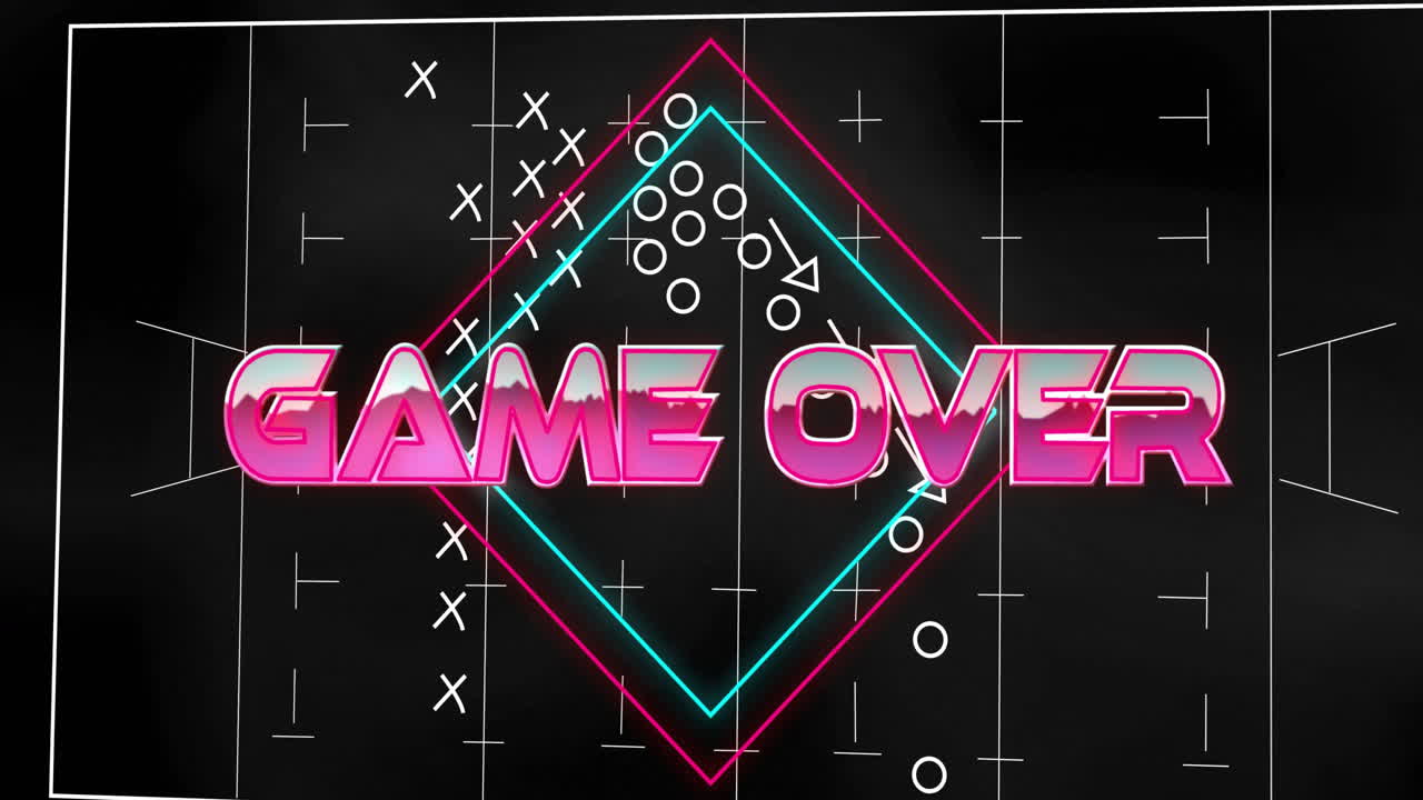 Game Over text animation over neon shapes and strategy diagram