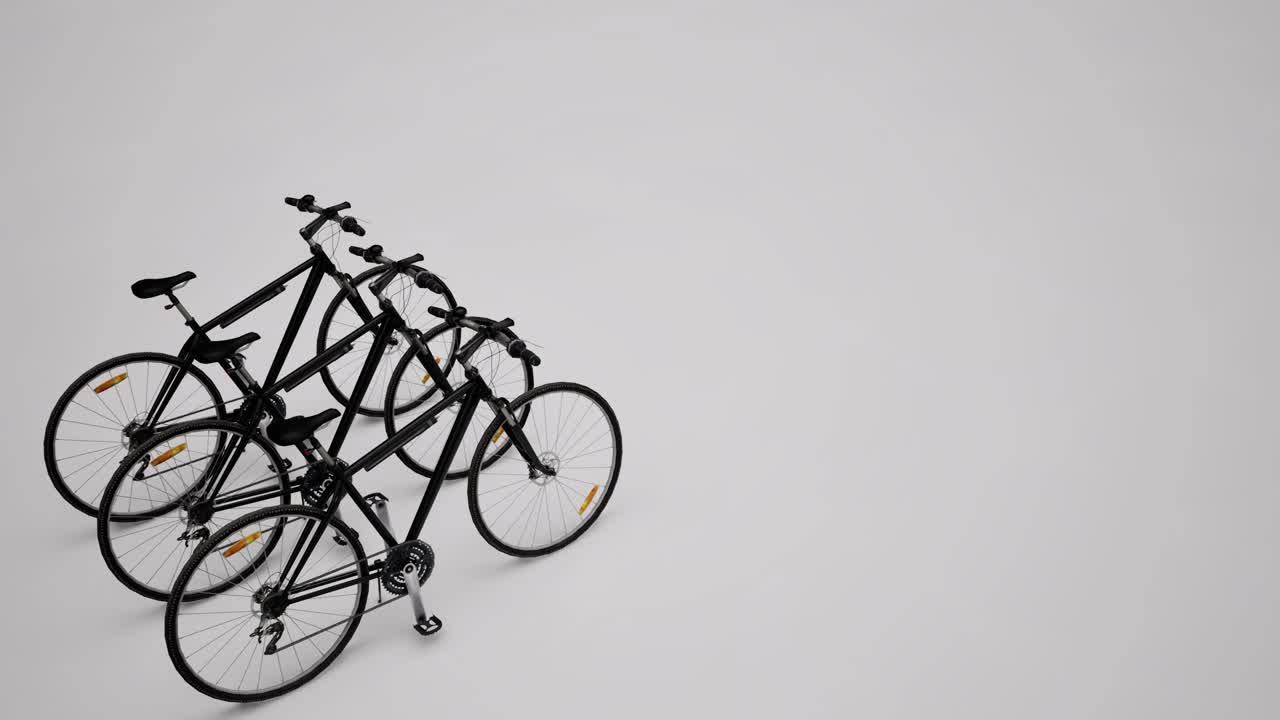 Trois vélos 3D noirs sur fond blanc, animation 3D, travelling lent de la caméra vers la droite