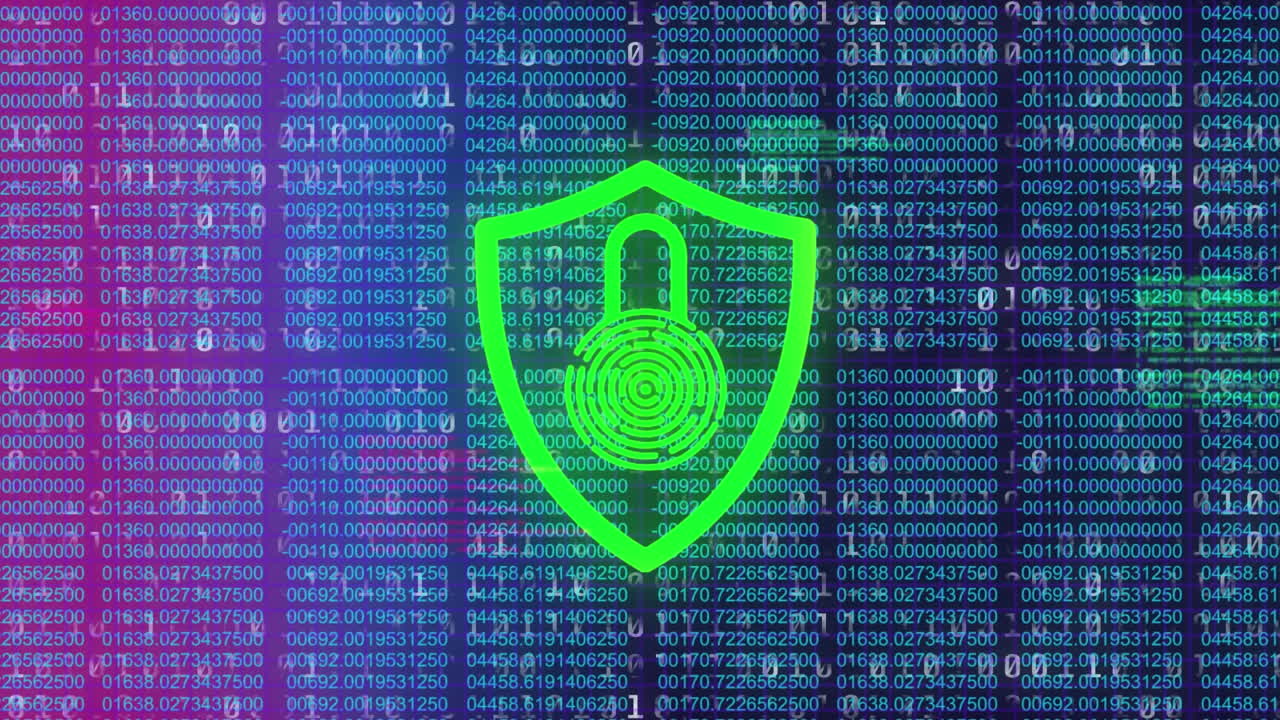 animación del icono del candado de seguridad y procesamiento de datos de codificación binaria en un fondo de gradiente púrpura.