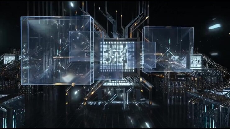 Abstract Digital Circuit Board with Floating Data Cubes