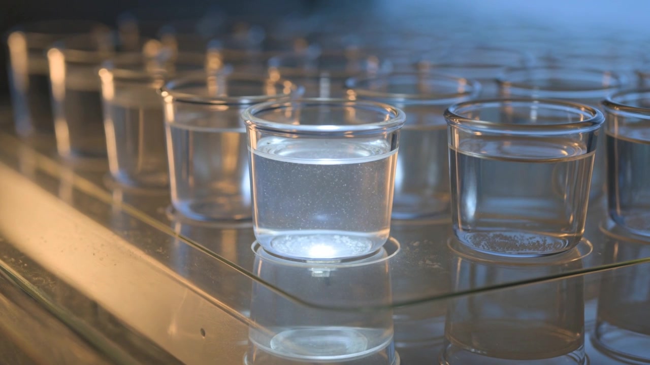 Filling central plastic cup, clear liquid rising on tray while bright light appearing beneath