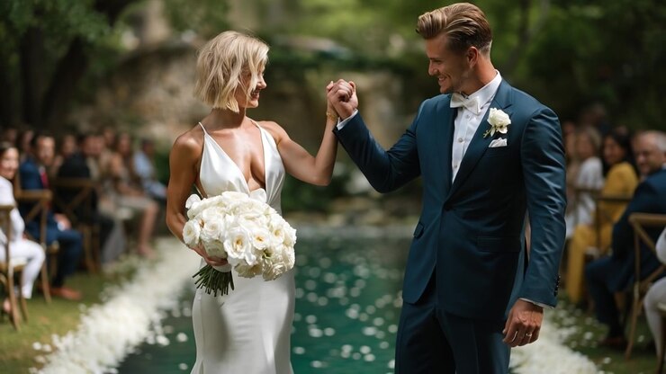 Newlywed couple holding hands and walking down the aisle after their outdoor wedding ceremony