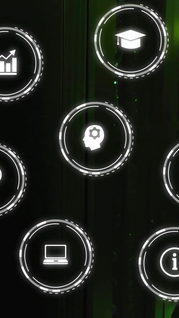 Animation of business icons over server room