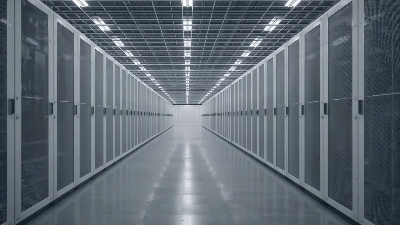 Recording security camera monitoring central equipment aisle in data center, rows of server racks