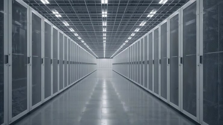 Recording security camera monitoring central equipment aisle in data center, rows of server racks