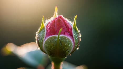 a beautiful rosebud glimmering with fresh morning dew, showcasing nature's delicate beauty and the vibrant colors of springtime wonder