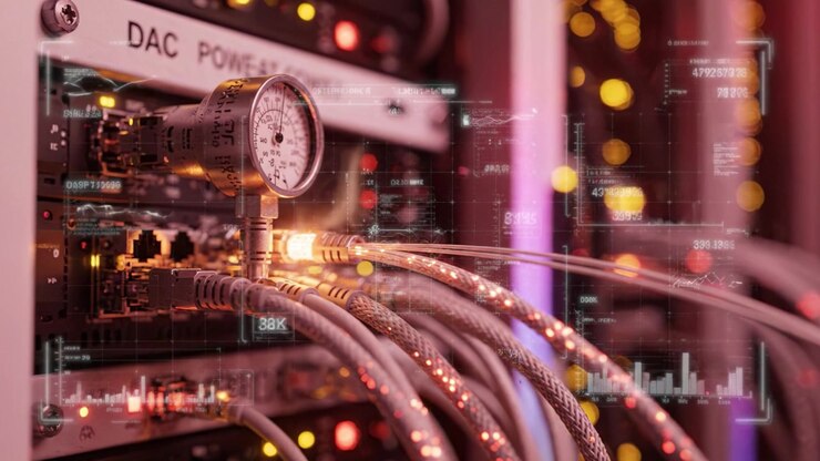 Detailed Close-up of Advanced Data Center Equipment with Illuminated Connections and Pressure Gauge Displaying Metrics Amidst Complex Wiring Structures and Technology