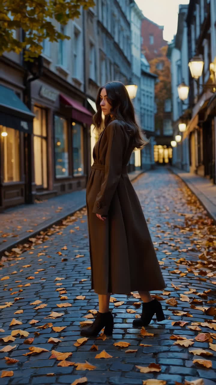 Woman on a cobblestone street in autumn | Premium Stock Video Footage