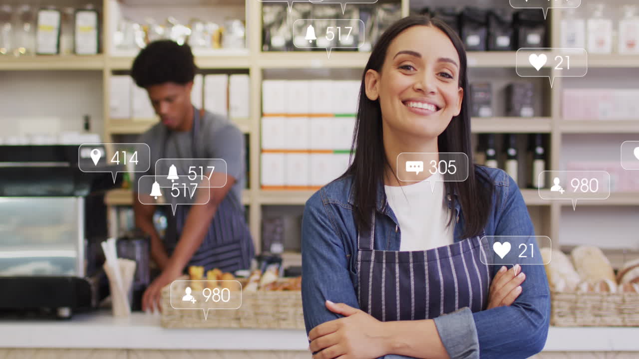 animación de iconos de medios sobre diversos asistentes de tienda que trabajan.