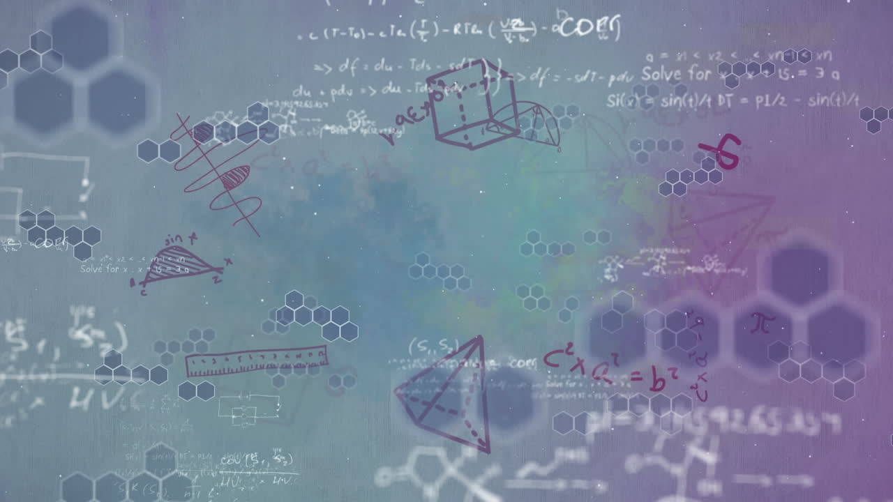ecuaciones matemáticas contra estructuras moleculares en fondo púrpura