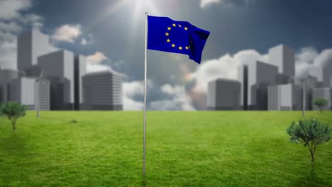 europe flag waving against cityscape