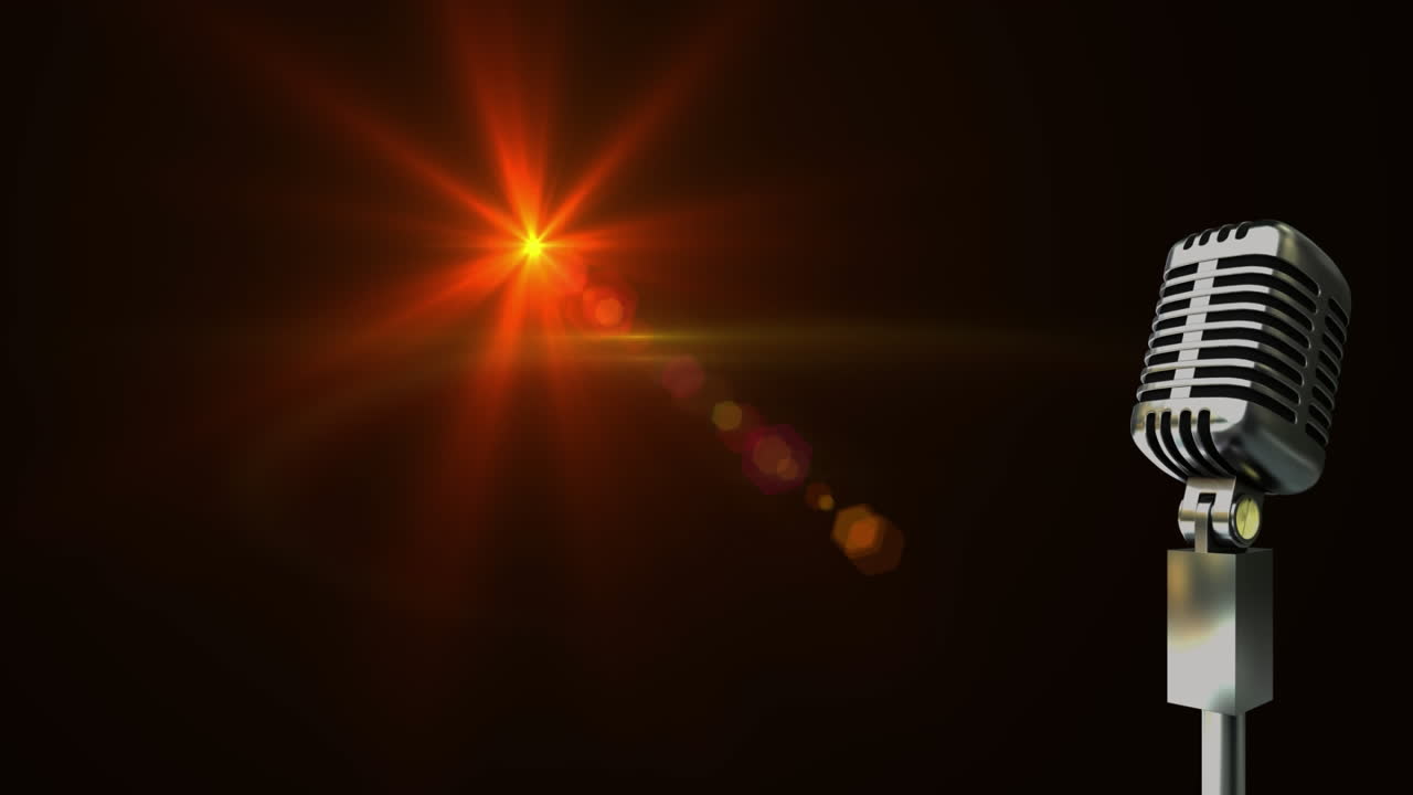 animación de luz y micrófono vintage sobre fondo negro