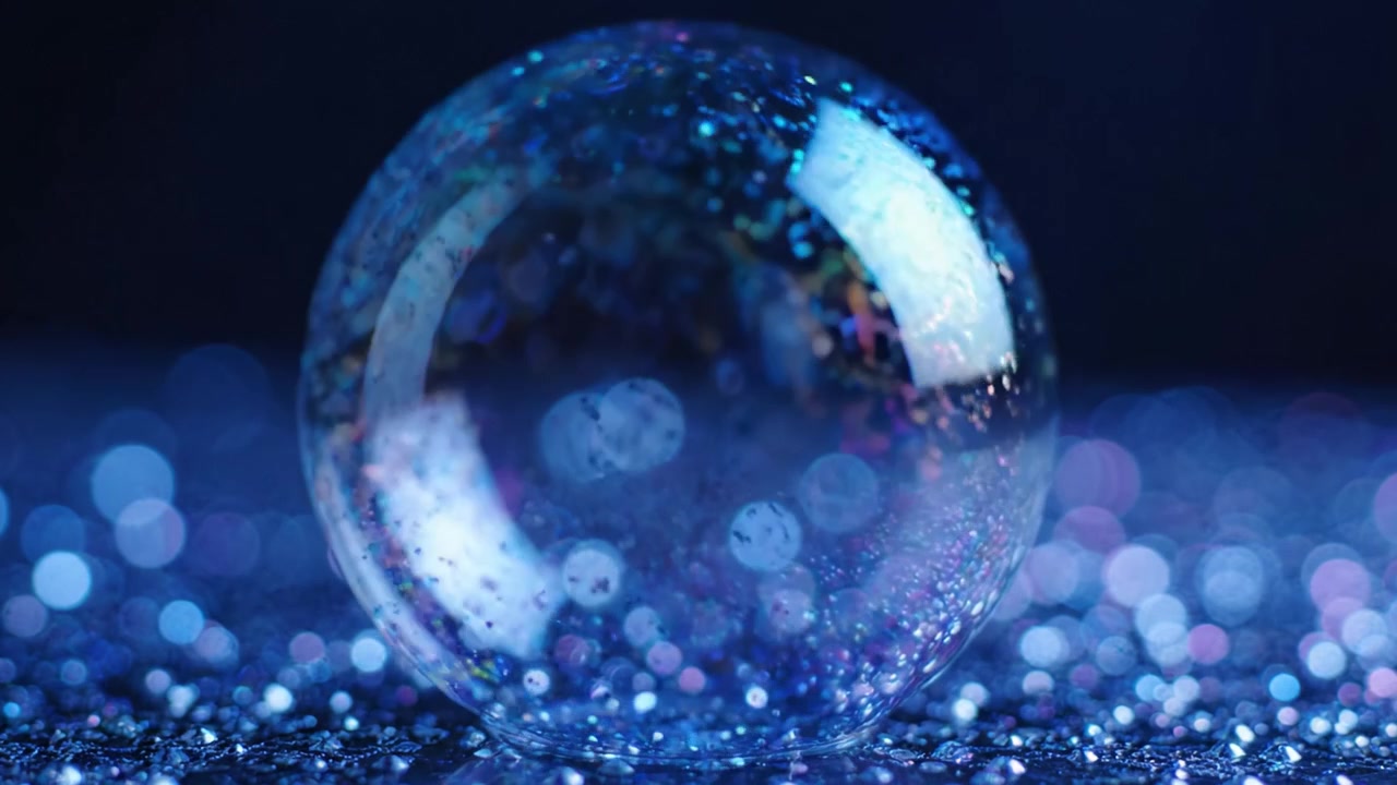 A Stunning Close-Up of a Bubble Reflecting Colorful Lights and Sparkling Droplets on a Shimmering Surface in an Enchanting Atmosphere