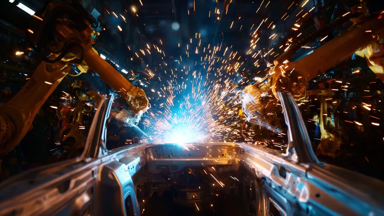 Automated welding in industrial manufacturing showcases robotic arms creating sparks as they work on a car frame, illuminating the factory with intense blue light