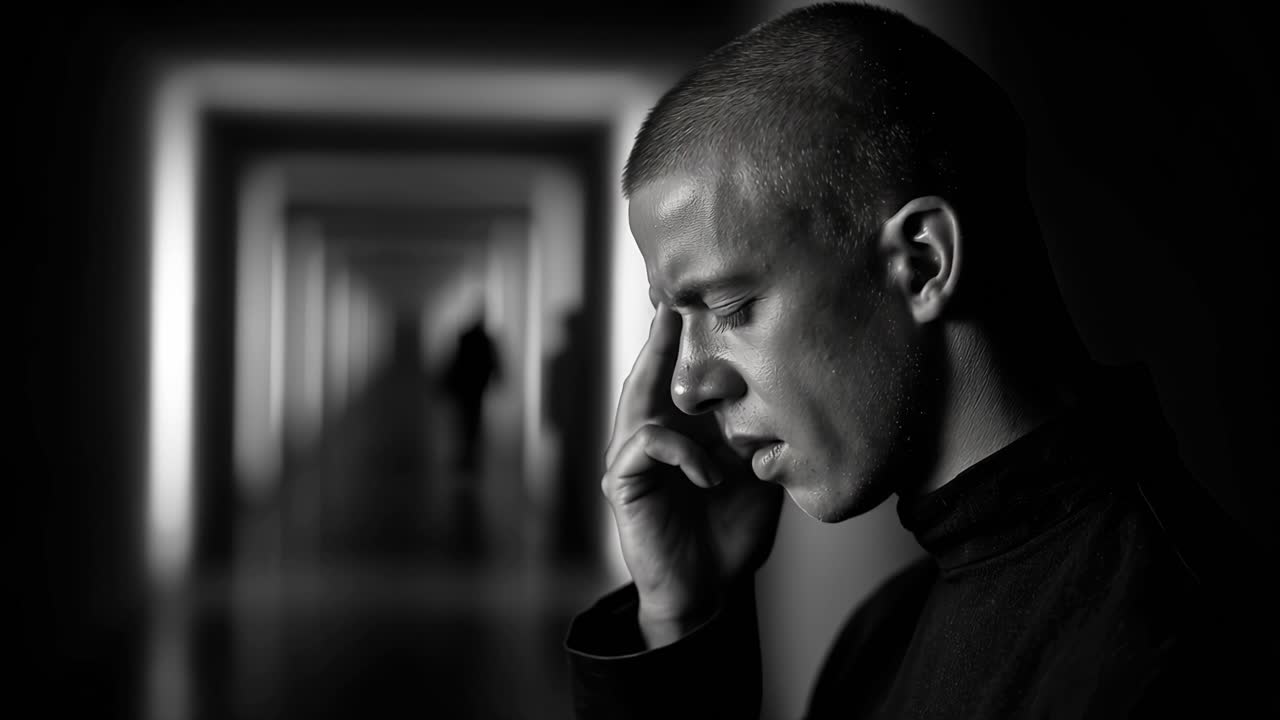 Man appears troubled, holding his head. He stands in a dim, echoing hallway. Black and white enhances mood of isolation. His posture suggests deep distress or fatigue. Use for mental health, stress