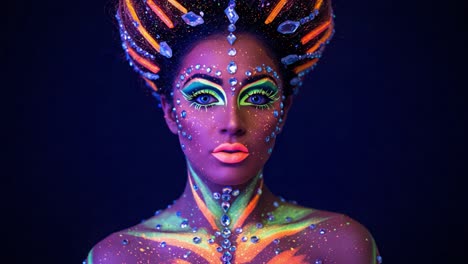 a stunning display of neon body art featuring vibrant colors and intricate patterns under uv light with a unique hairstyle enhancing the overall visual impact