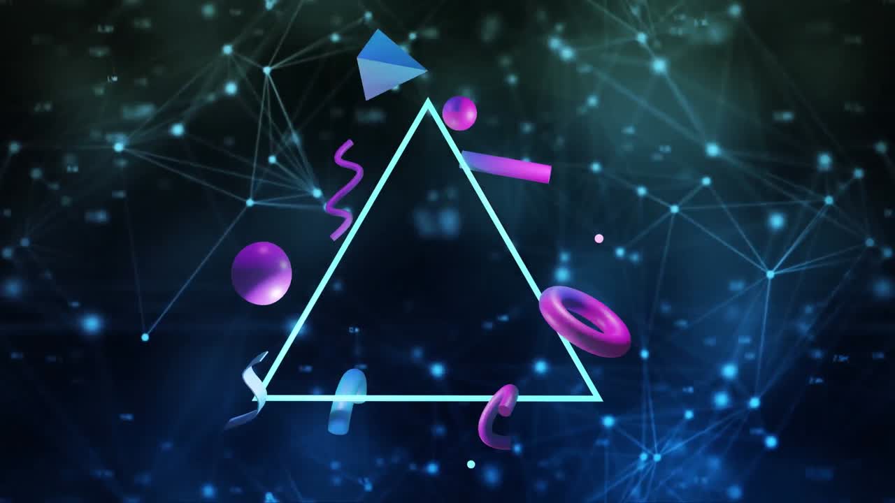 animación de formas 3d abstractas sobre red y fondo oscuro
