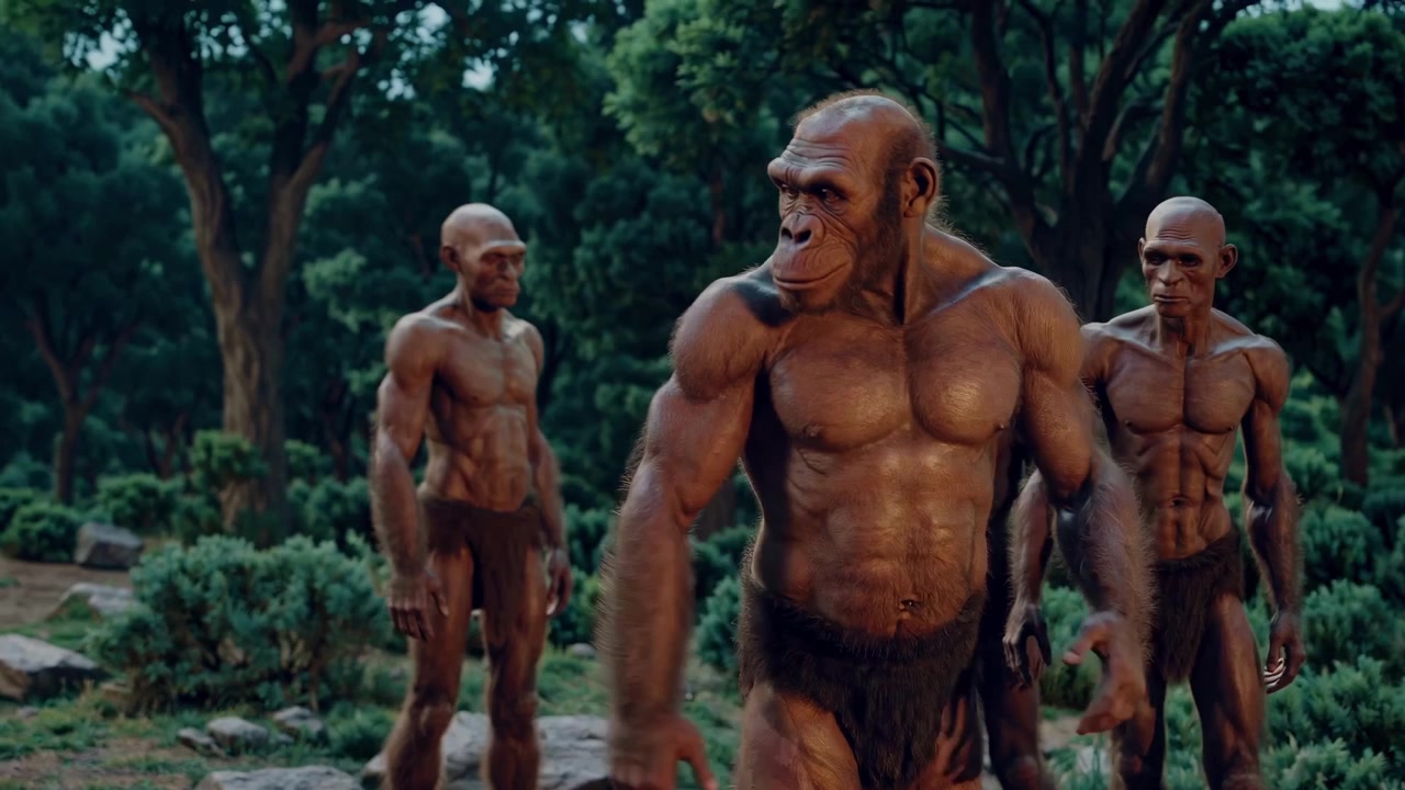 Gruppe af forhistoriske hominider, der står i en skov