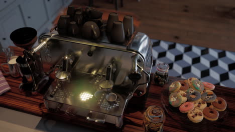 coffee shop counter with espresso machine and donuts