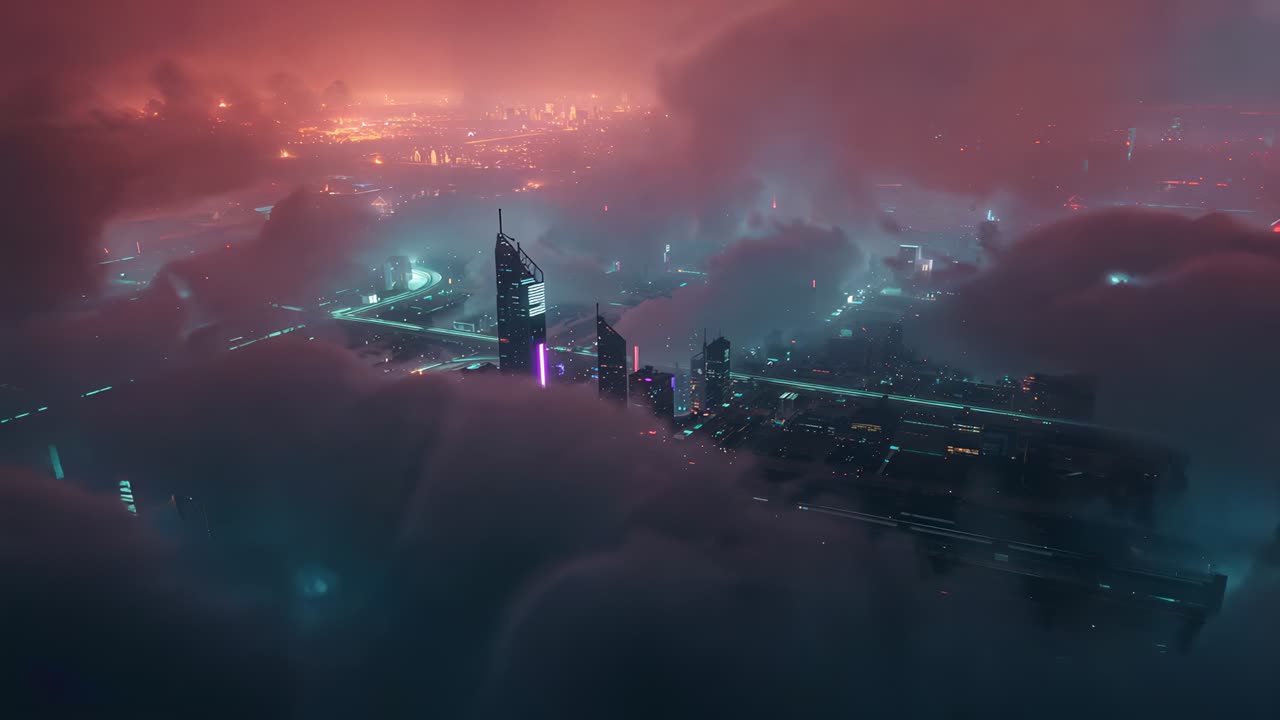 Panning drone closing neon skyline at night, fog shifting and showing magenta tower and cyan roads