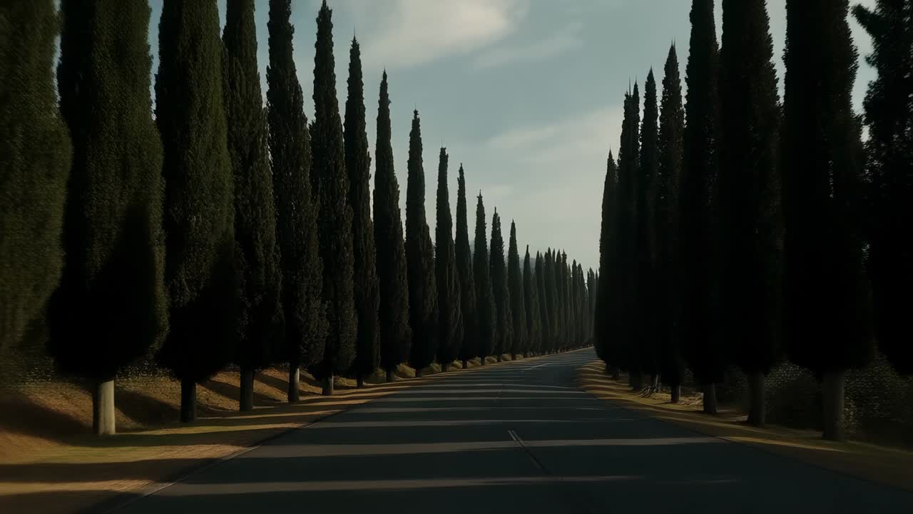 Starting camera moving down two lane road with centerline, revealing cypress-lined vanishing point