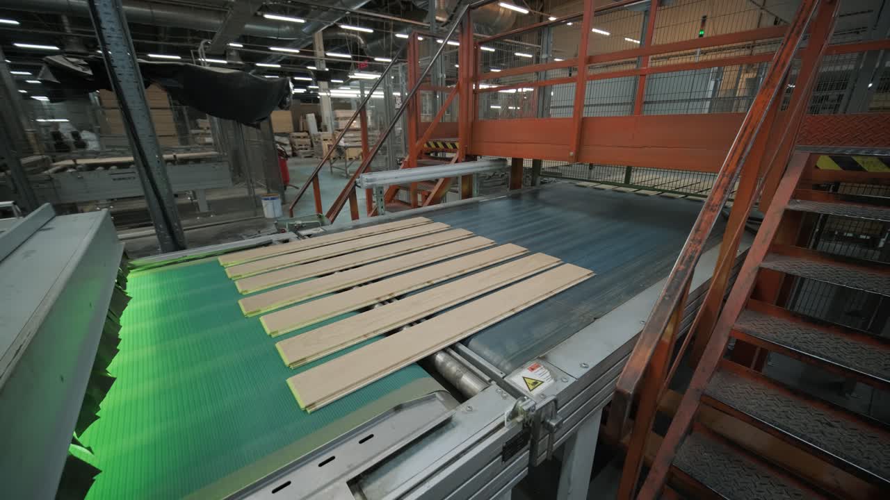 Wooden Planks Moving on Conveyor Belt in a Modern Factory
