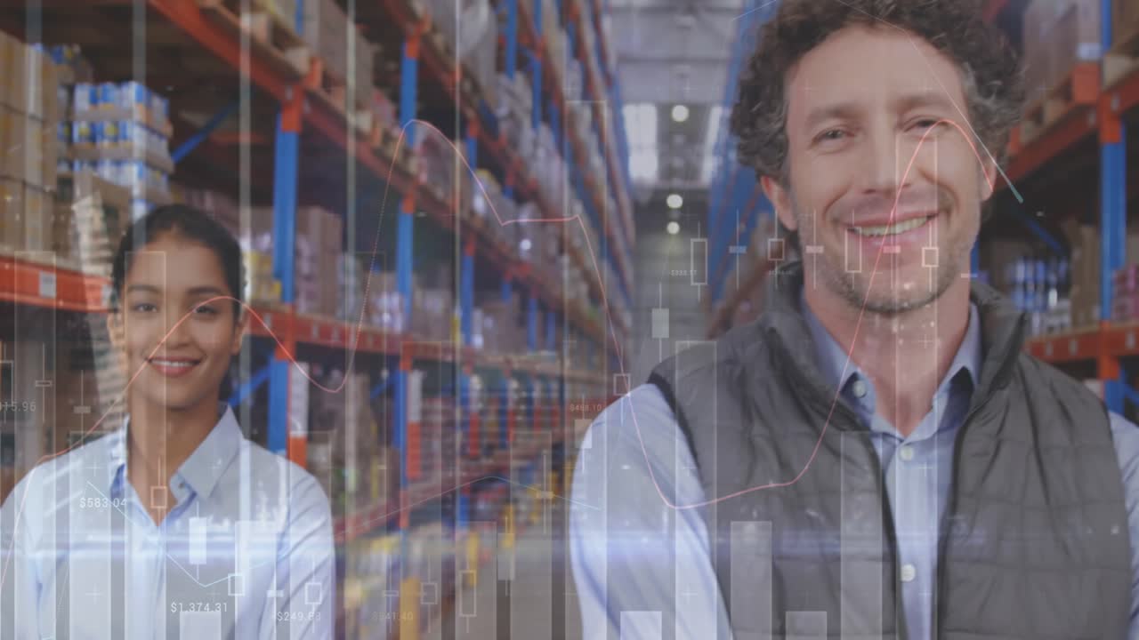 Animazione di statistiche ed elaborazione dati su diverse persone che lavorano in un magazzino.