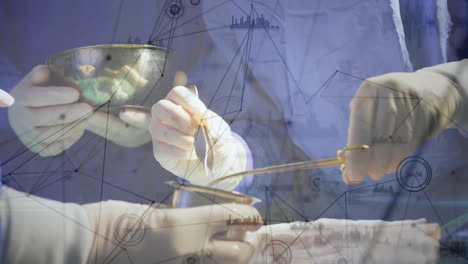 animation of network of connections and data processing over surgeons in operating theater