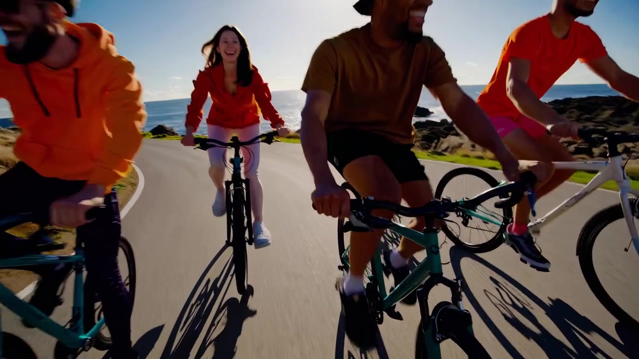 Grupo de amigos felices en bicicleta por una pintoresca carretera costera