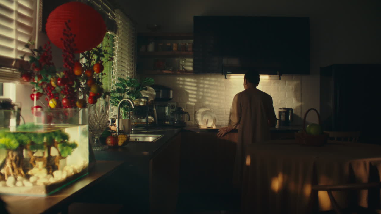 Older woman standing in a warmly lit kitchen, gazing out the window in quiet reflection
