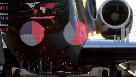 animation of charts processing data over jet plane on runway