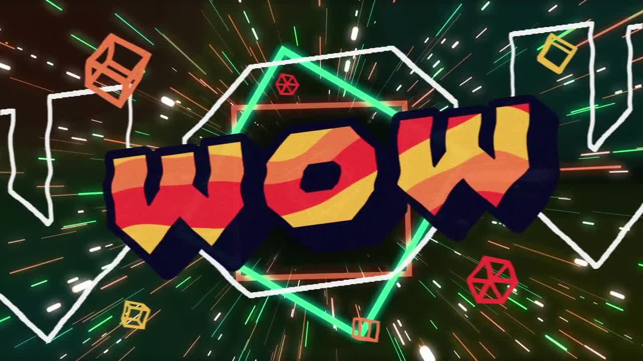 네온 모양 위에 와우 텍스트와 아이콘의 애니메이션 이동