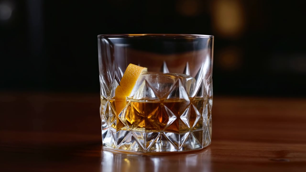 Un bicchiere di cristallo pieno di whisky color ambra si trova su un tavolo di legno con una guarnizione di scorza di limone, illuminato da caldi riflessi contro uno sfondo scuro e sfocato.
