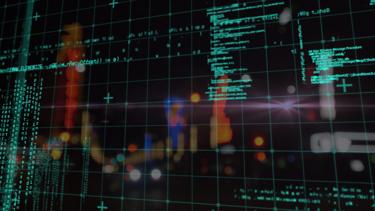 Animation of data processing over blurred city road traffic