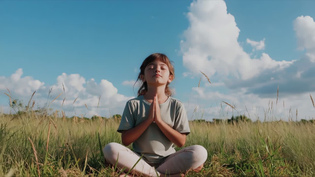 Child meditating in grassy field
