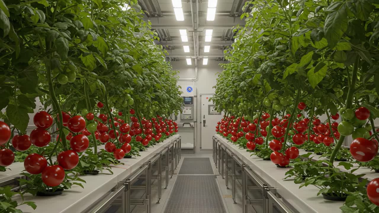 A Modern Hydroponic Greenhouse Showcasing Lush Tomato Plants with Vibrant Red Fruits Ready for Harvest in an Advanced Indoor Farming Setup