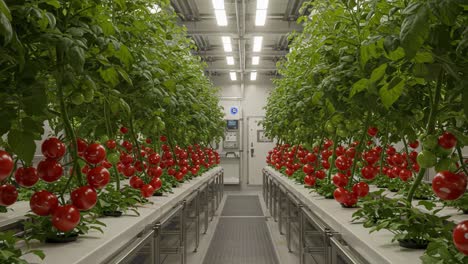 a modern hydroponic greenhouse showcasing lush tomato plants with vibrant red fruits ready for harvest in an advanced indoor farming setup