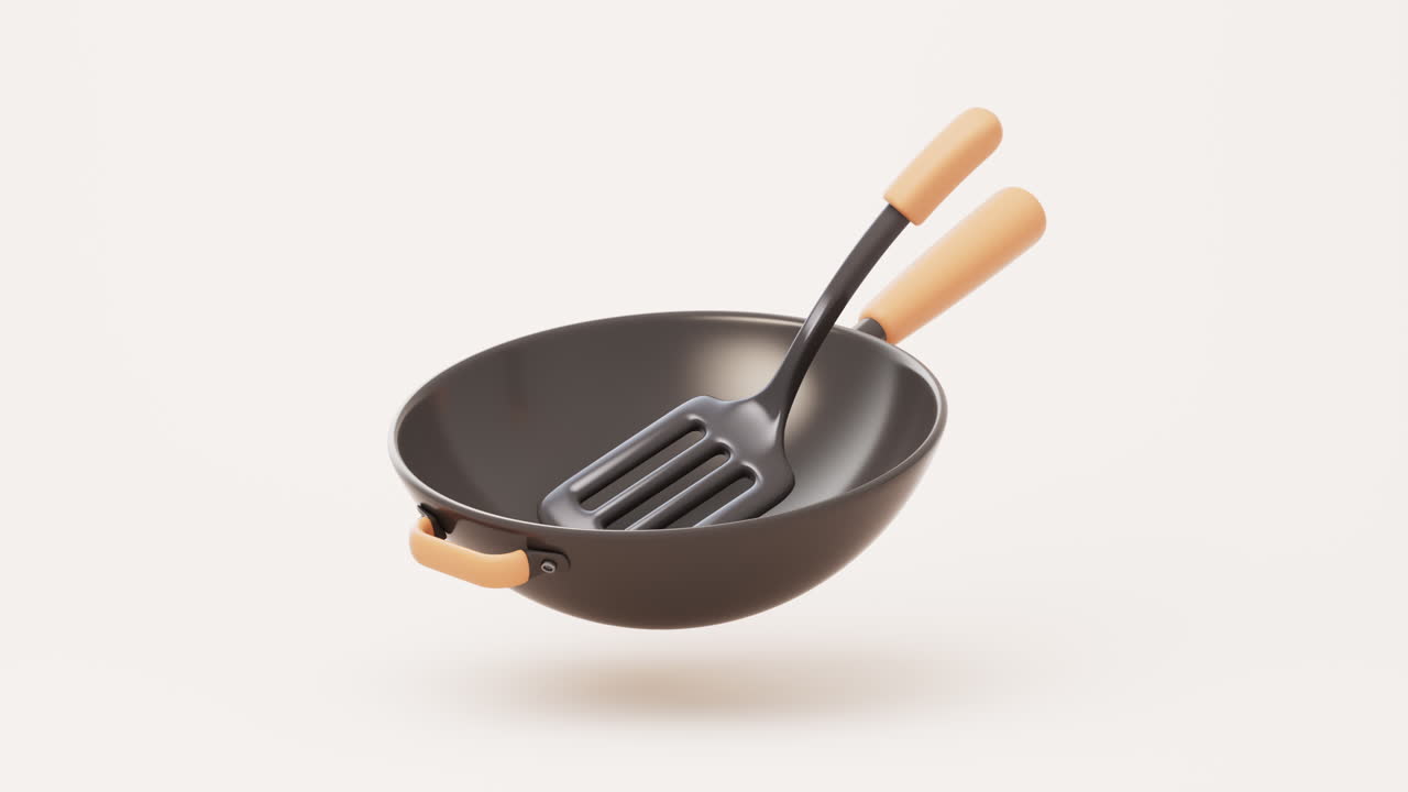 만화 스타일의 주방 용품 wok 및 spatula의 루프 애니메이션, 3d 렌더링