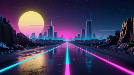 synthwave cityscape with neon lights and giant sun