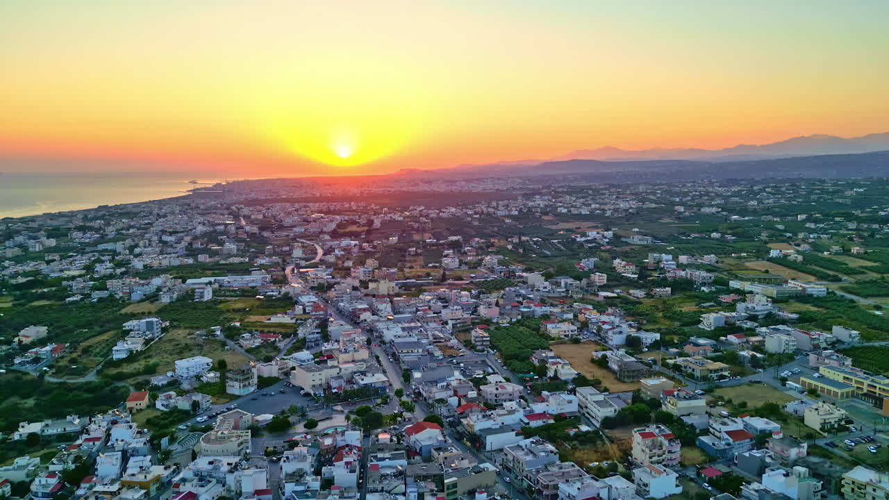 Aerial View of Coastal Town in Crete at Sunset