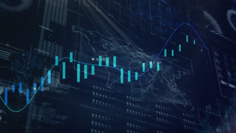 animation of graph over world map and processing data on dark background