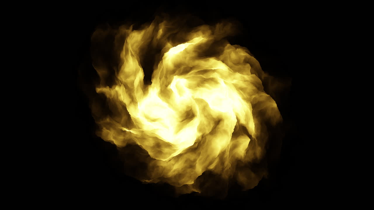 Abstract golden flame and smoke swirl moving on a black background, glowing fire cloud effect for overlays, transitions, energy concepts, heat, danger, and power