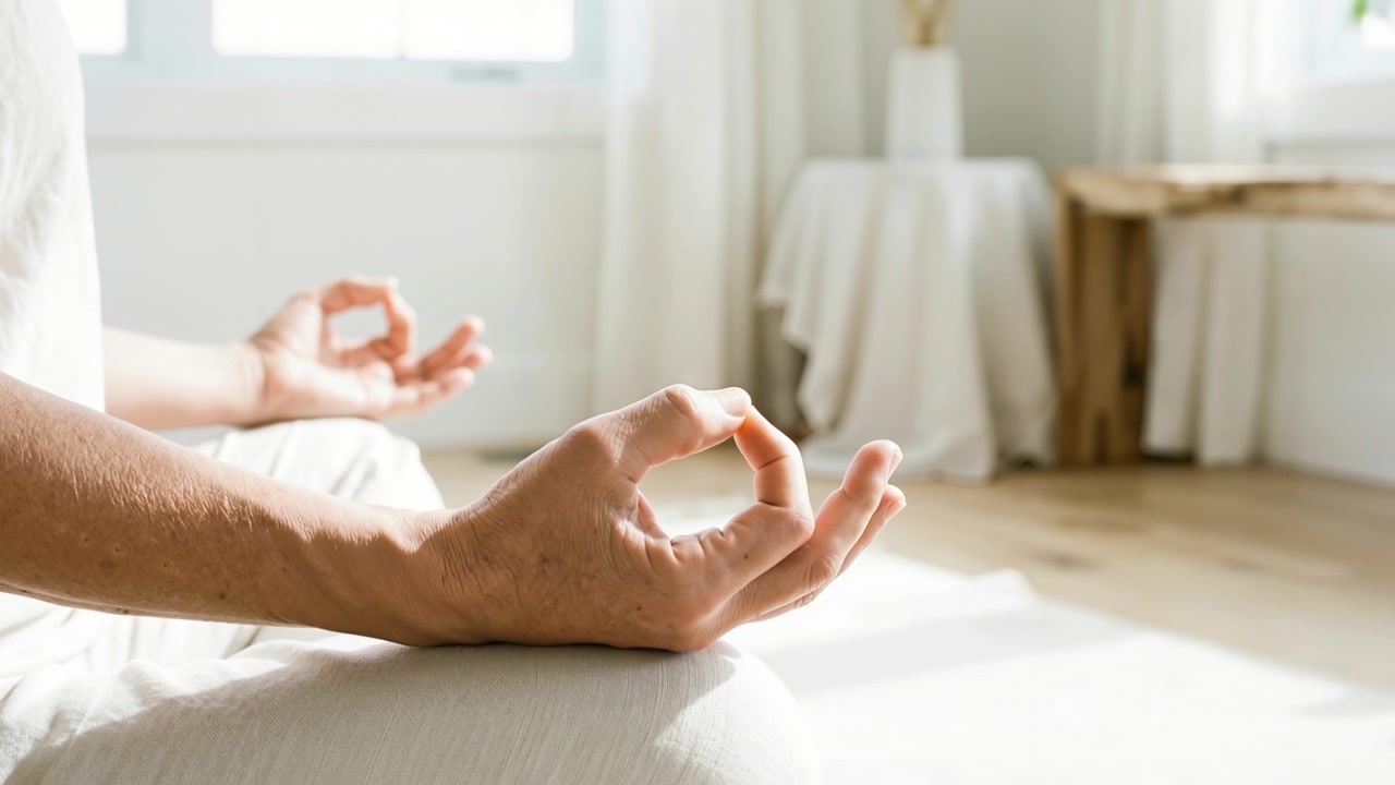 Boční pohled na ruce v meditačním gestu mudra během lekce jógy uvnitř.