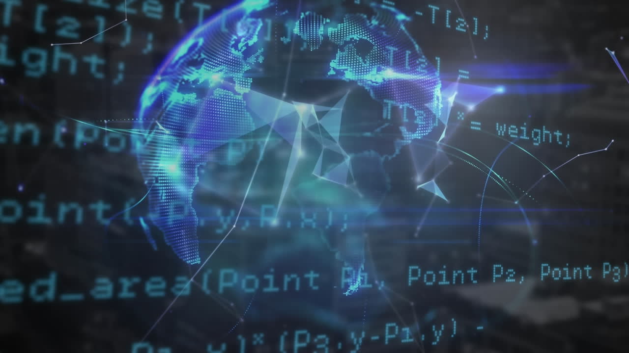 animación de puntos conectados y globo sobre lenguaje de programación de computadora en fondo negro.